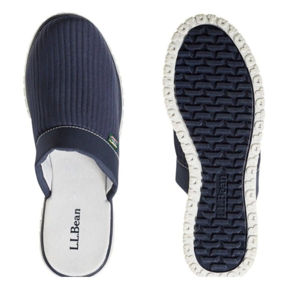 L.L Bean Airlight Slipper Scuffs Navy Blue Gray Nylon Hard Sole Mules